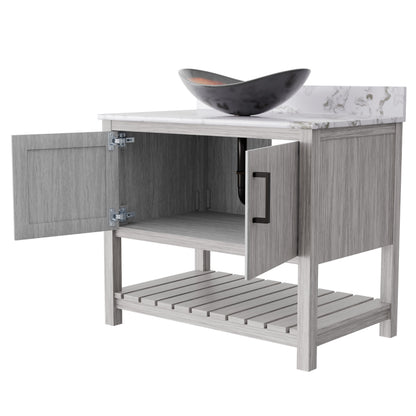 36-inch Novatto bath vanity with cafe mocha quartz countertop and sink, modern bathroom accessory with sleek design.