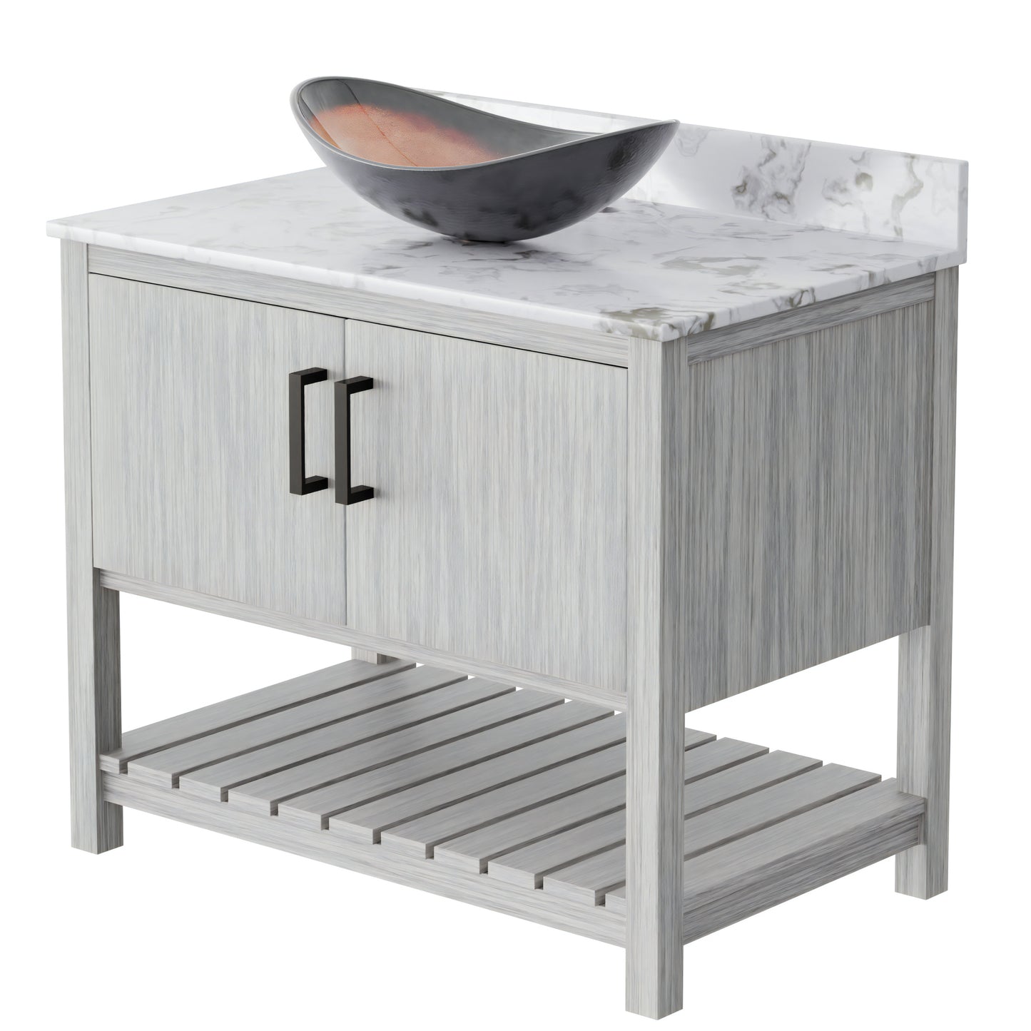 36-inch Novatto bath vanity with Cafe Mocha quartz countertop and sink, showcasing modern bathroom accessory design.