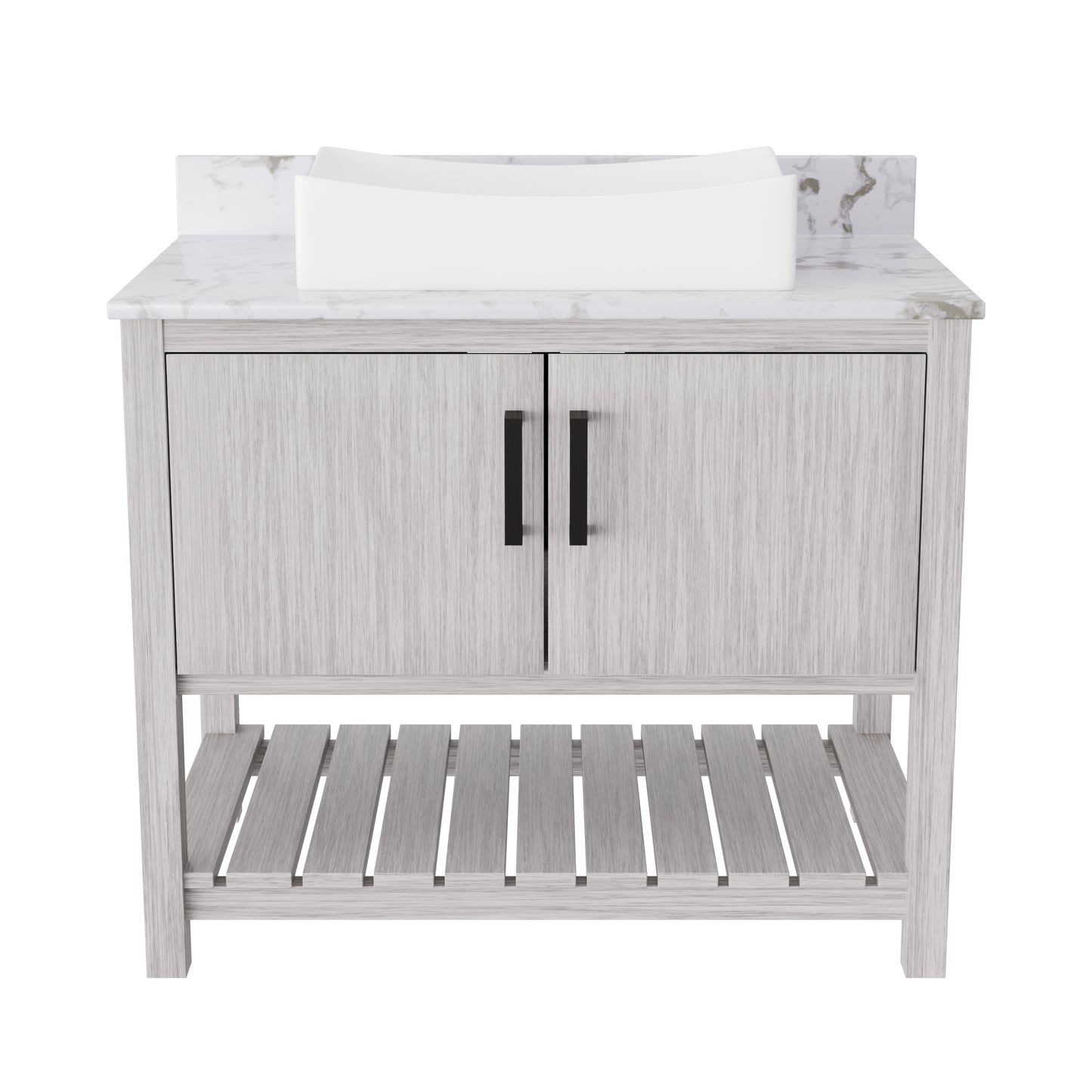 36-inch Novatto bath vanity with Cafe Mocha quartz countertop and integrated sink, shown in a natural wood finish.