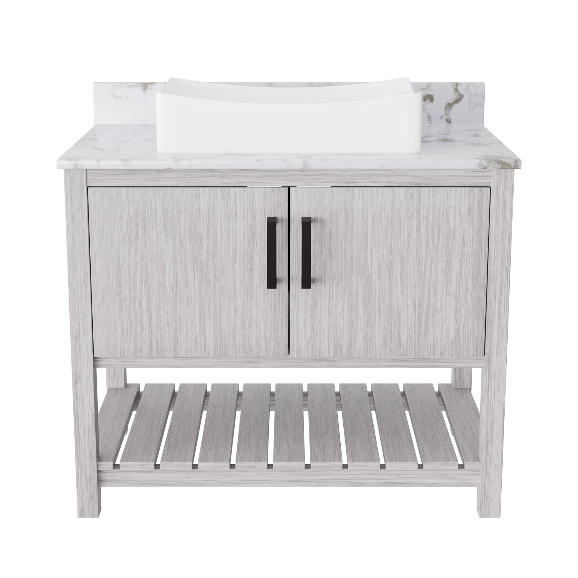 36-inch Novatto bath vanity with Cafe Mocha quartz countertop and integrated sink, shown in a natural wood finish.