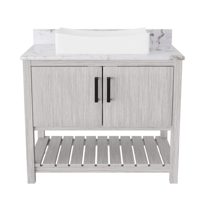 36-inch Novatto bath vanity with Cafe Mocha quartz countertop and integrated sink, shown in a natural wood finish.