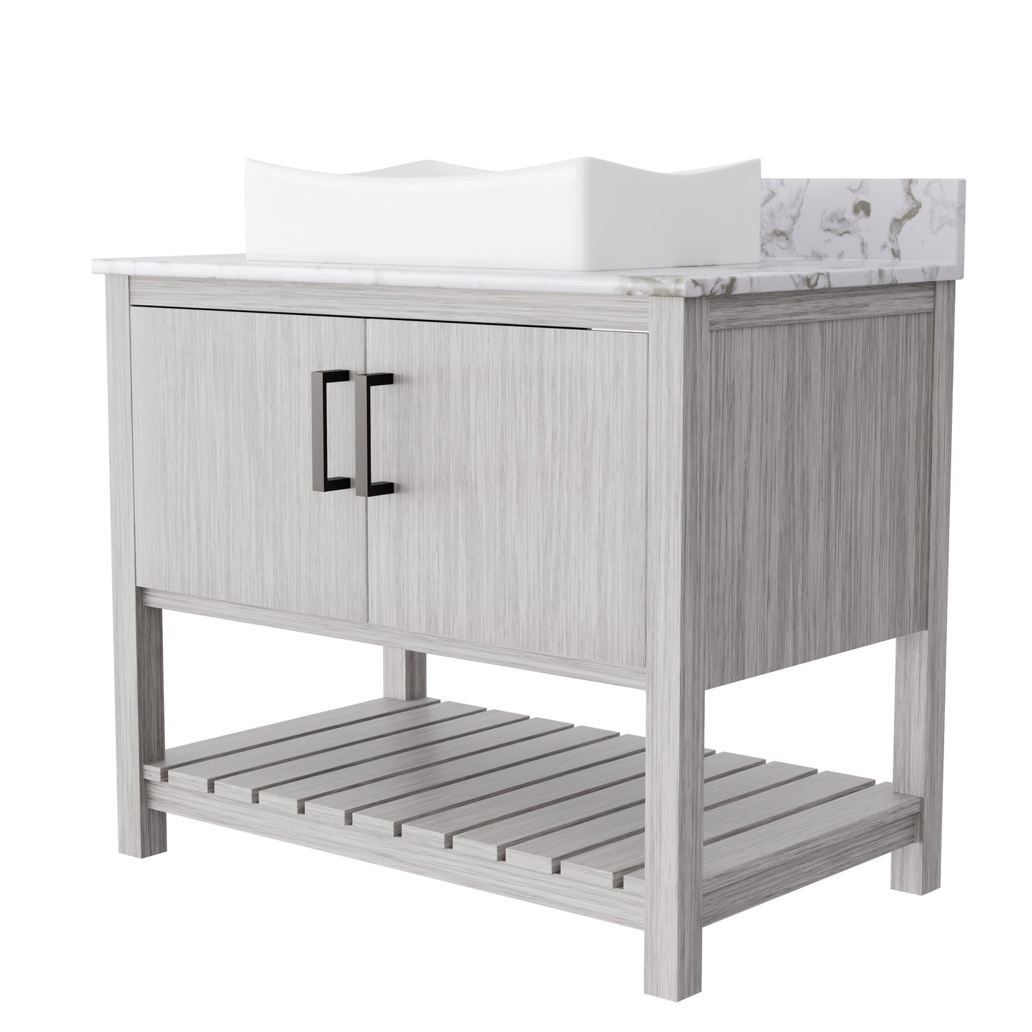 36-inch Novatto bathroom vanity with cafe mocha quartz countertop and integrated sink, shown in a modern bathroom setting.