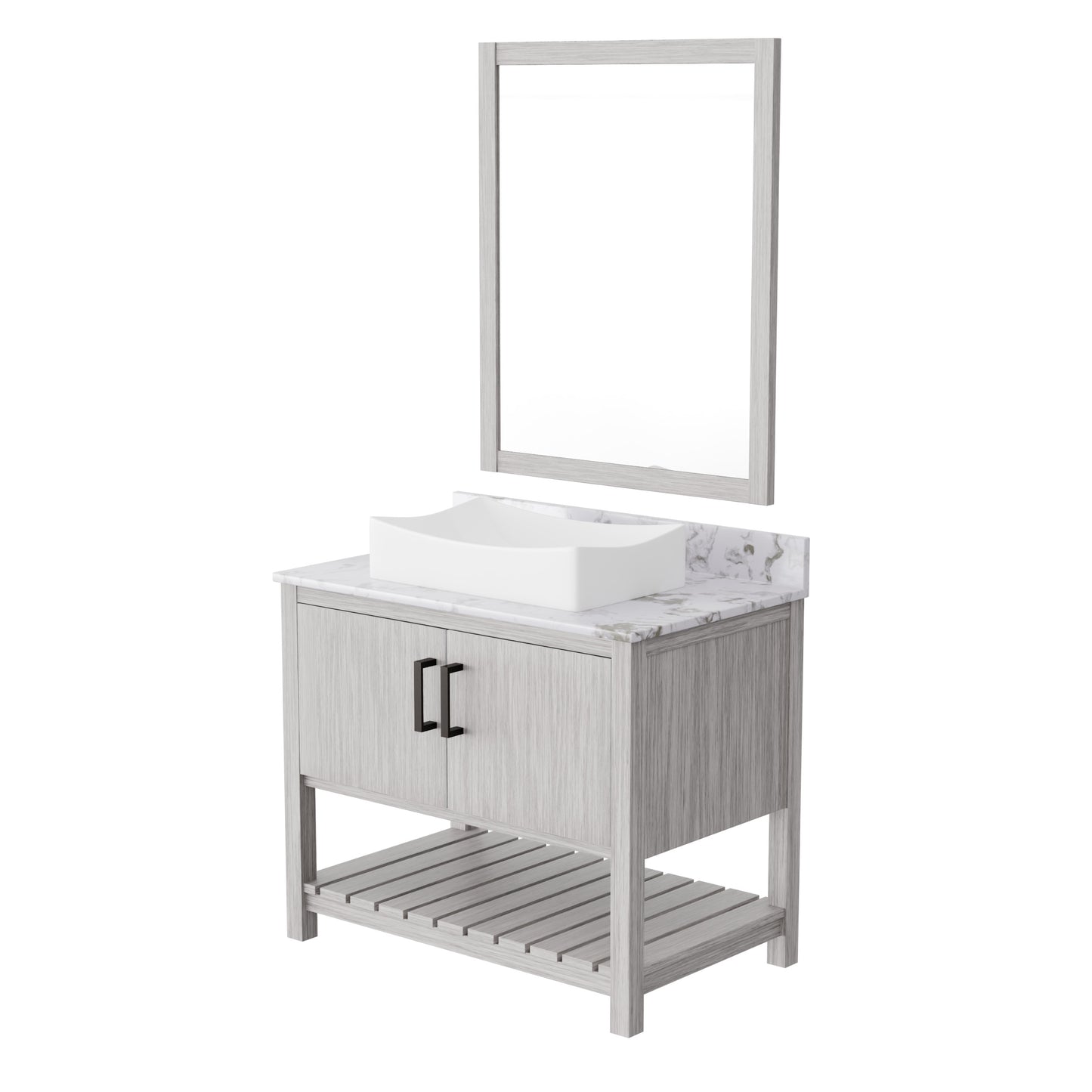 Novatto 36-inch bath vanity with cafe mocha quartz countertop and integrated sink, modern bathroom accessory.