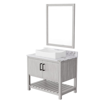 Novatto 36-inch bath vanity with cafe mocha quartz countertop and integrated sink, modern bathroom accessory.