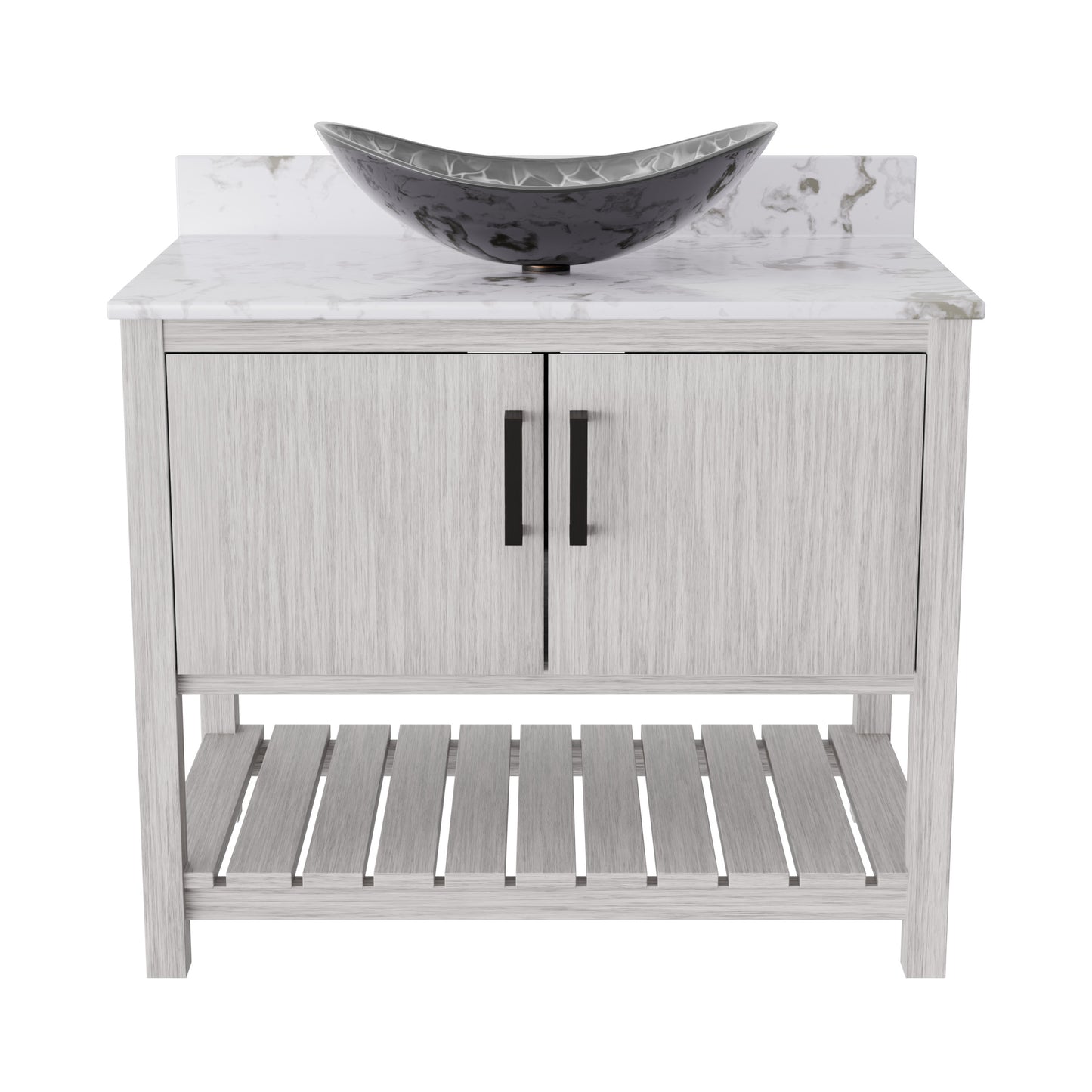 36-inch Novatto bath vanity with cafe mocha quartz countertop and sink, showcasing modern bathroom accessory design
