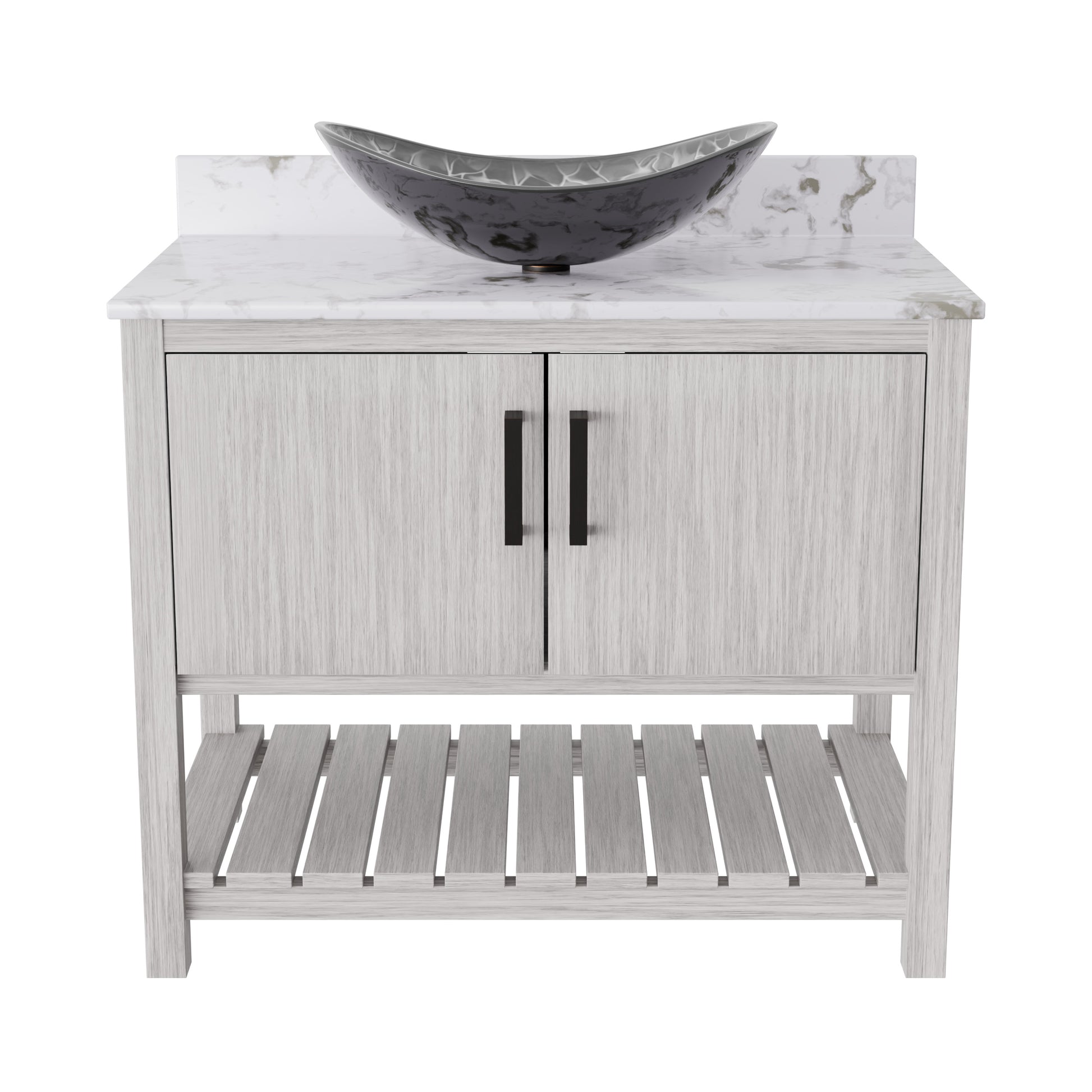 36-inch Novatto bath vanity with cafe mocha quartz countertop and sink, showcasing modern bathroom accessory design