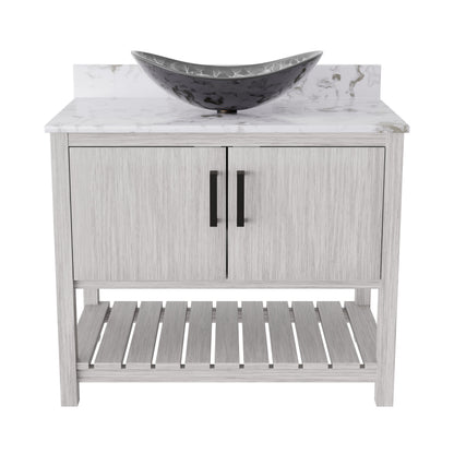36-inch Novatto bath vanity with cafe mocha quartz countertop and sink, showcasing modern bathroom accessory design
