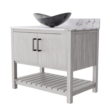 Novatto 36-inch bath vanity with cafe mocha quartz countertop and sink, featuring modern design and sleek finish.