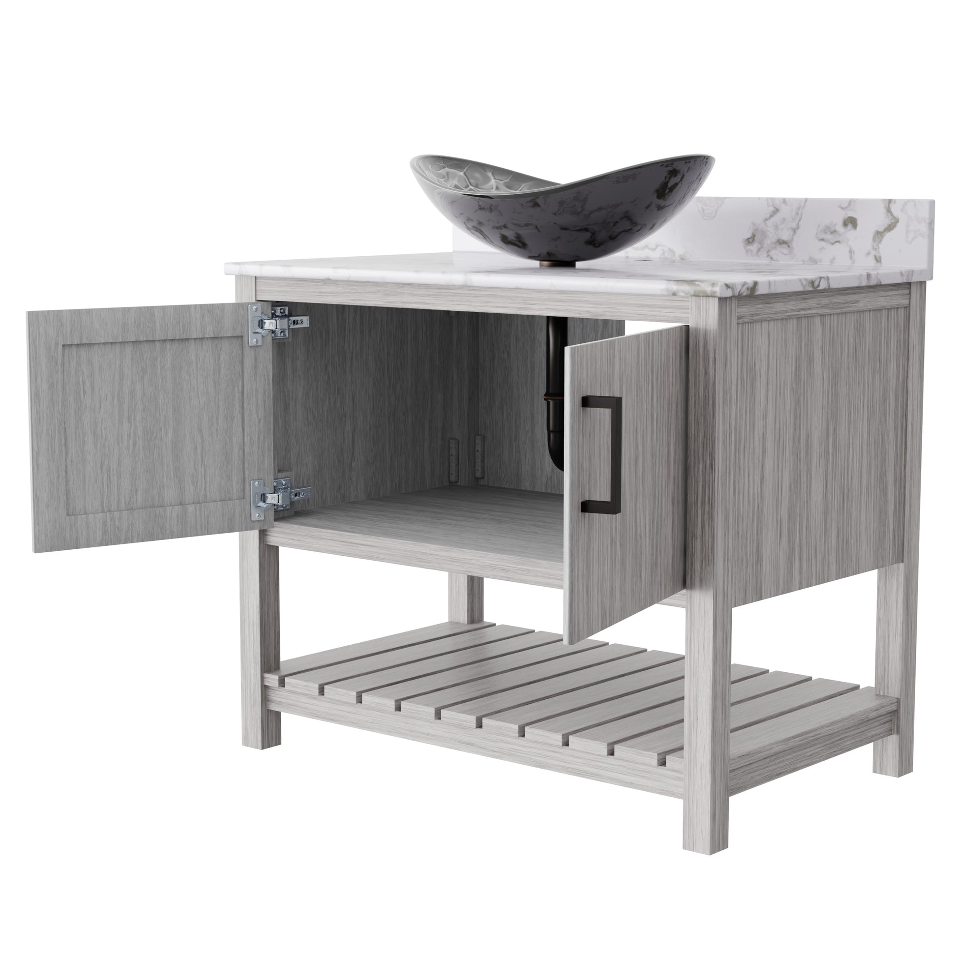 36-inch Novatto bathroom vanity with cafe mocha quartz countertop and sink, featuring sleek modern design and storage space.