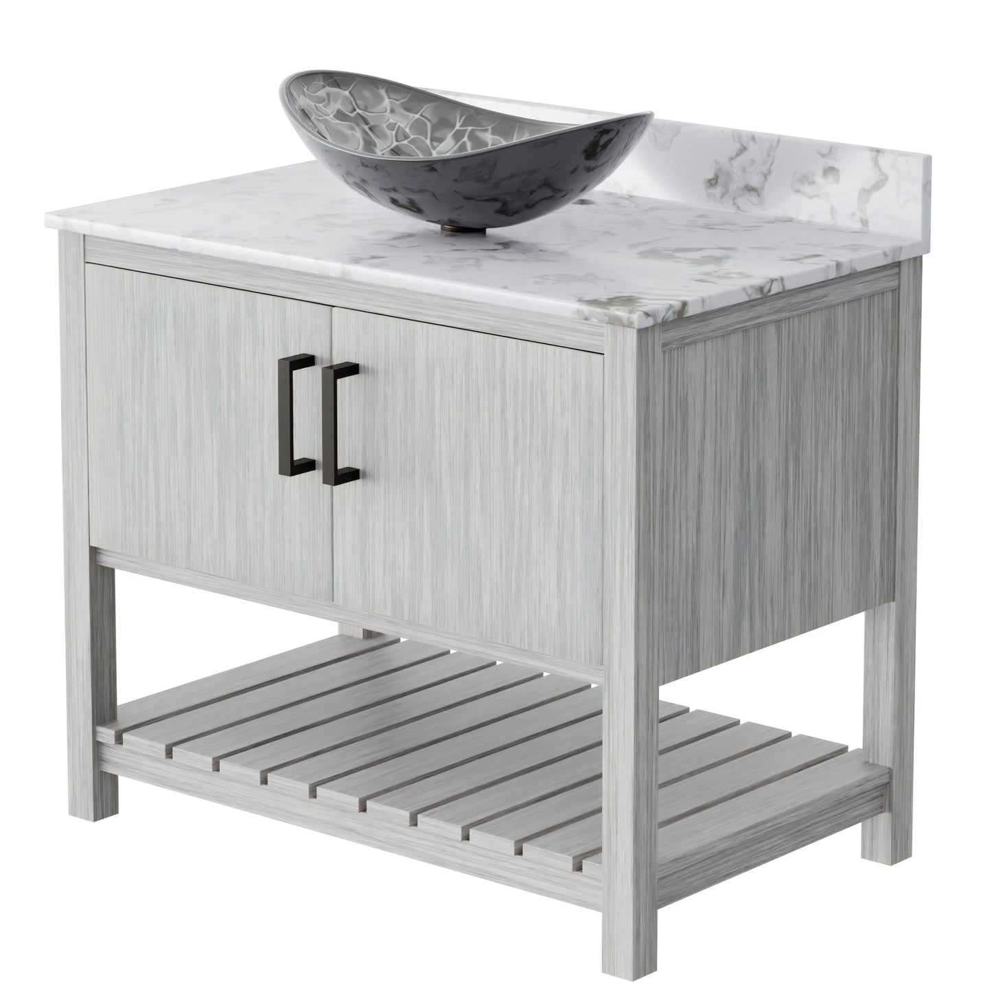 36-inch Novatto bath vanity with cafe mocha quartz countertop and sink, showcasing modern bathroom accessory design.