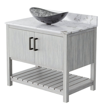 36-inch Novatto bath vanity with cafe mocha quartz countertop and sink, showcasing modern bathroom accessory design.