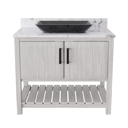 36-inch Novatto bath vanity with cafe mocha quartz counter and sink, featuring a sleek modern design.
