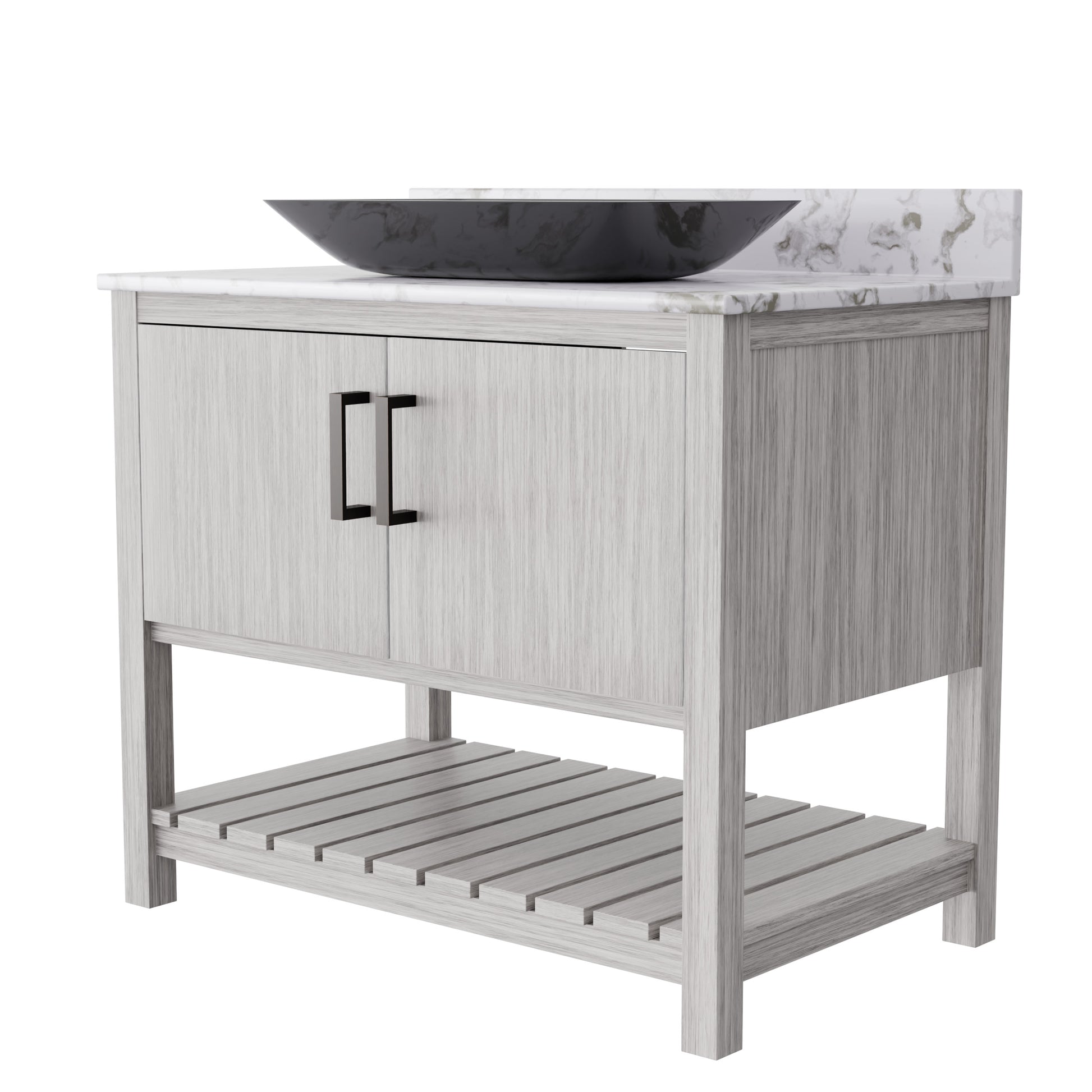 36-inch Novatto bathroom vanity with cafe mocha quartz countertop and sink, featuring a sleek, modern design.