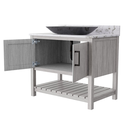 36-inch Novatto bath vanity with cafe mocha quartz countertop and sink, showcasing its stylish design and finish.
