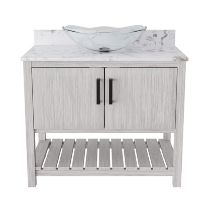 Novatto 36-inch bath vanity with cafe mocha quartz counter and sink, showcasing elegant bathroom accessory design