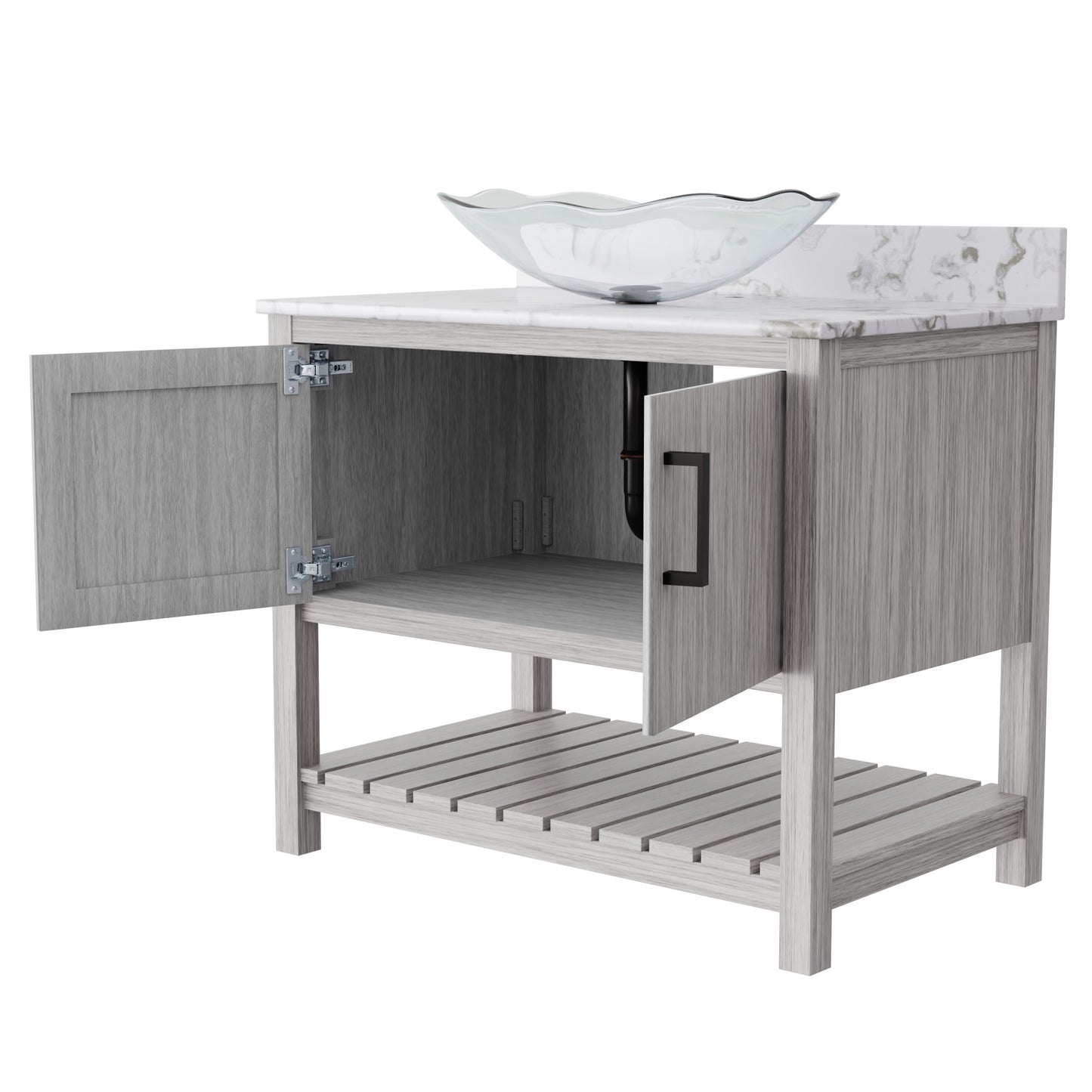 36-inch Novatto bath vanity with cafe mocha quartz countertop and sink, showcasing sleek bathroom accessory design.