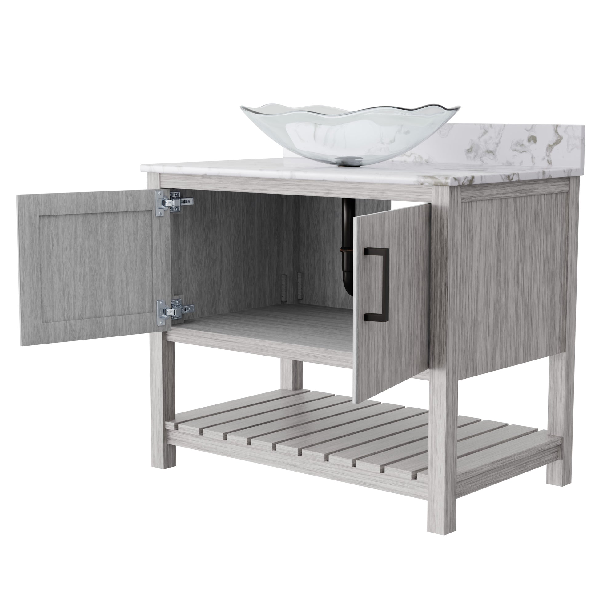 36-inch Novatto bath vanity with cafe mocha quartz countertop and sink, showcasing sleek bathroom accessory design.