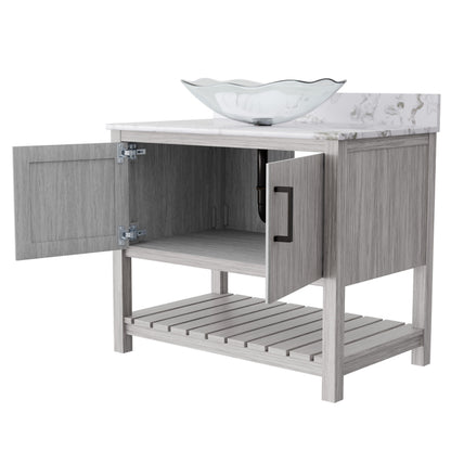 36-inch Novatto bath vanity with cafe mocha quartz countertop and sink, showcasing sleek bathroom accessory design.