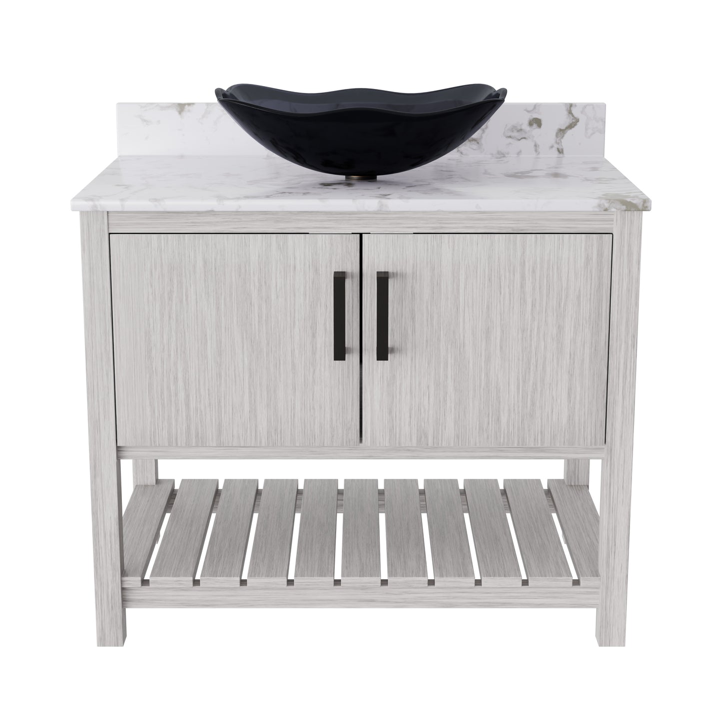 Novatto 36-inch bath vanity with Cafe Mocha quartz counter and sink, featuring sleek accessory design and modern finishes.