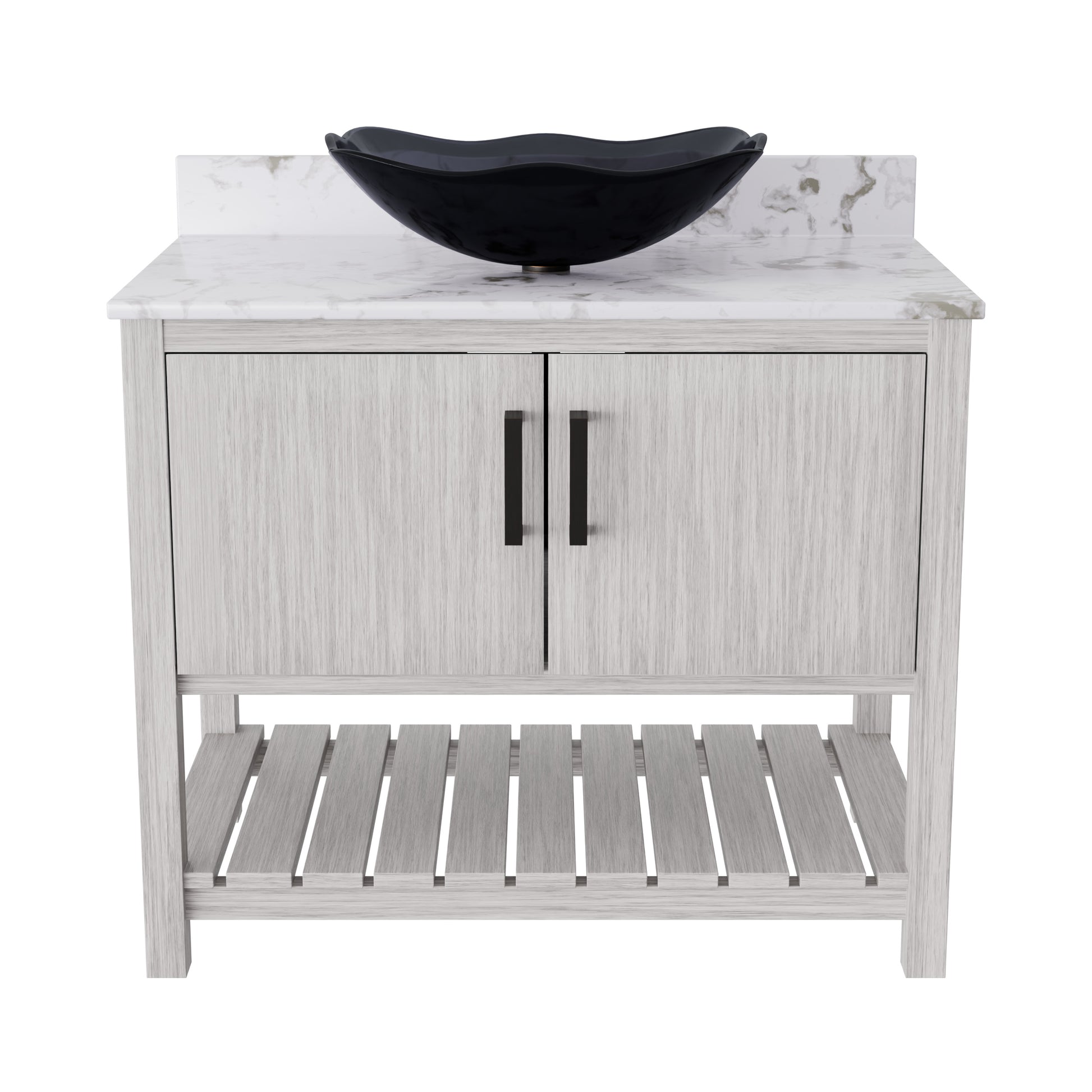Novatto 36-inch bath vanity with Cafe Mocha quartz counter and sink, featuring sleek accessory design and modern finishes.