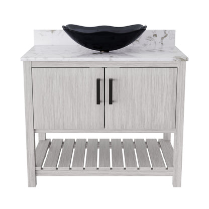Novatto 36-inch bath vanity with Cafe Mocha quartz counter and sink, featuring sleek accessory design and modern finishes.