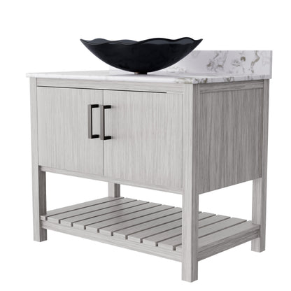 36-inch Novatto bath vanity with cafe mocha quartz countertop and sink, showcasing a modern bathroom accessory.