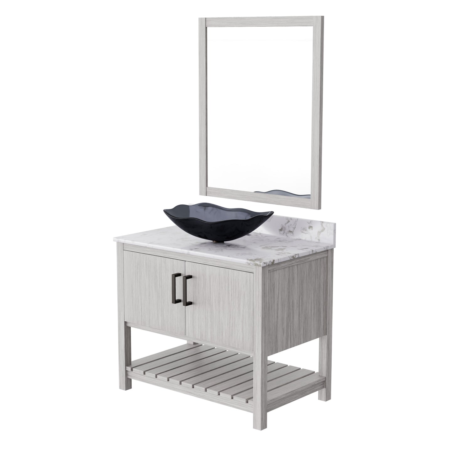 36-inch Novatto bath vanity with cafe mocha quartz countertop and sink, showcasing the sleek design and rich wood finish.