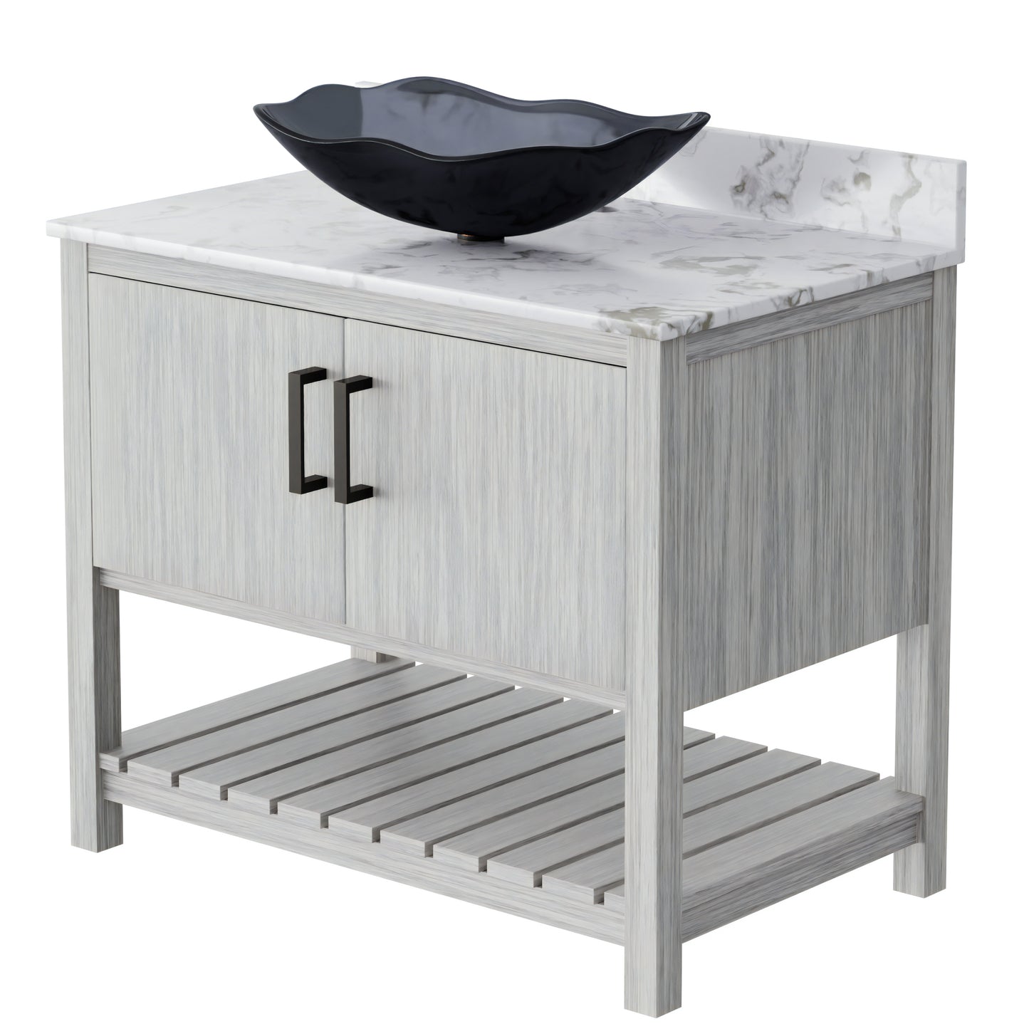 36-inch Novatto bath vanity with cafe mocha quartz countertop and integrated sink, showcasing modern bathroom accessory design.