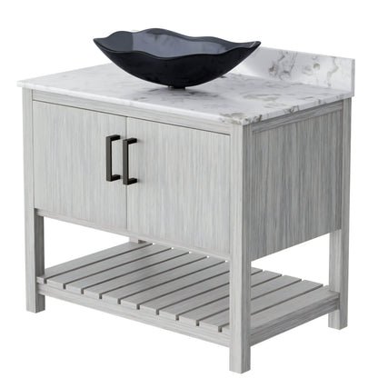 36-inch Novatto bath vanity with cafe mocha quartz countertop and integrated sink, showcasing modern bathroom accessory design.