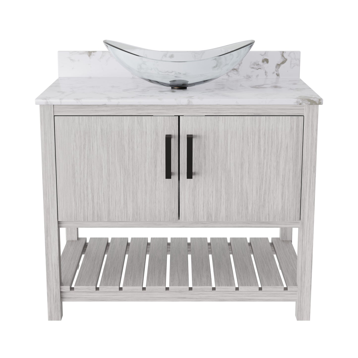 36-inch Novatto bath vanity with cafe mocha quartz counter and integrated sink, featuring a sleek accessory design.
