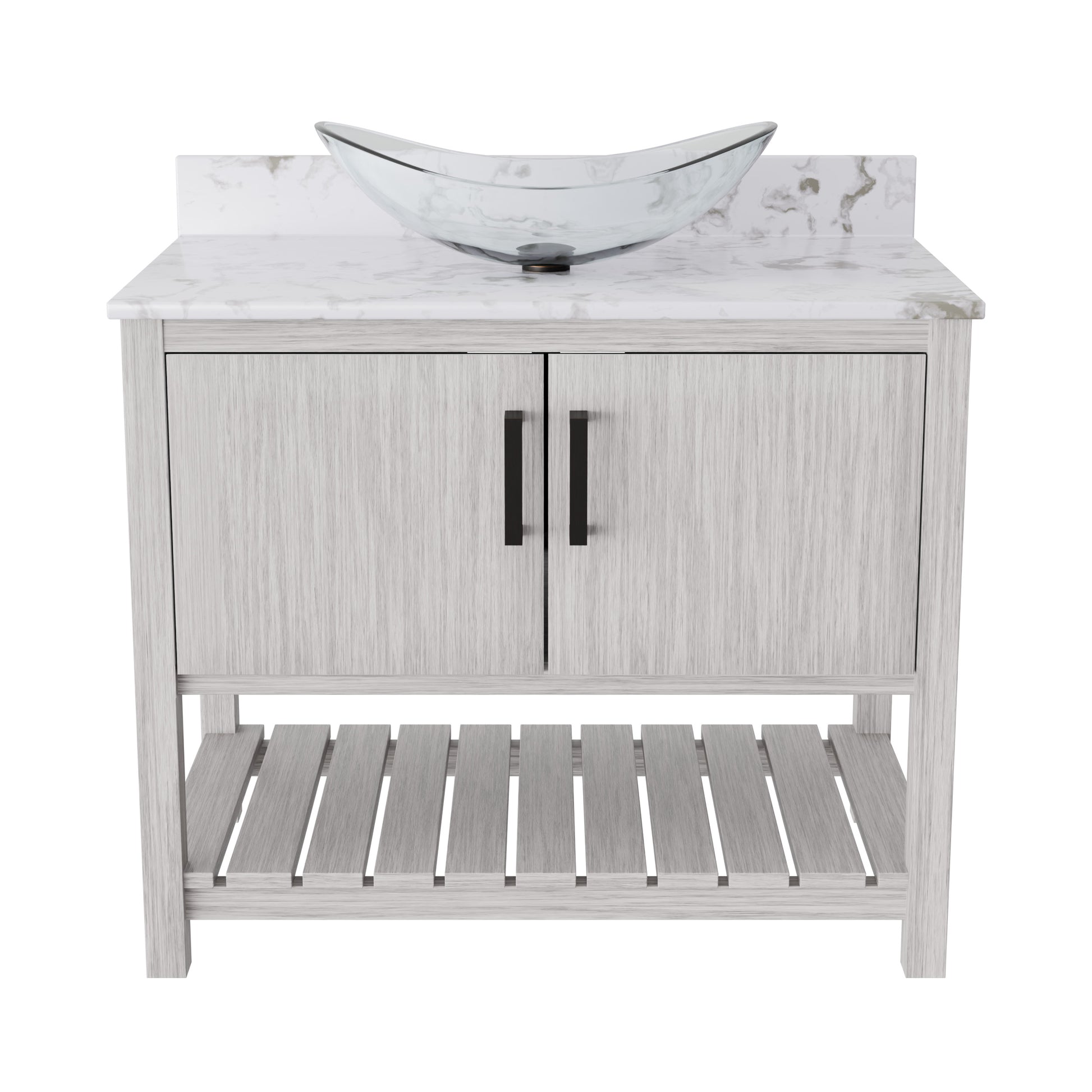 36-inch Novatto bath vanity with cafe mocha quartz counter and integrated sink, featuring a sleek accessory design.