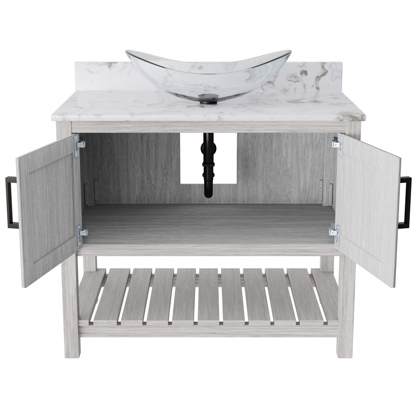36-inch Novatto bath vanity with cafe mocha quartz counter and sink, showcasing sleek bathroom accessory design.