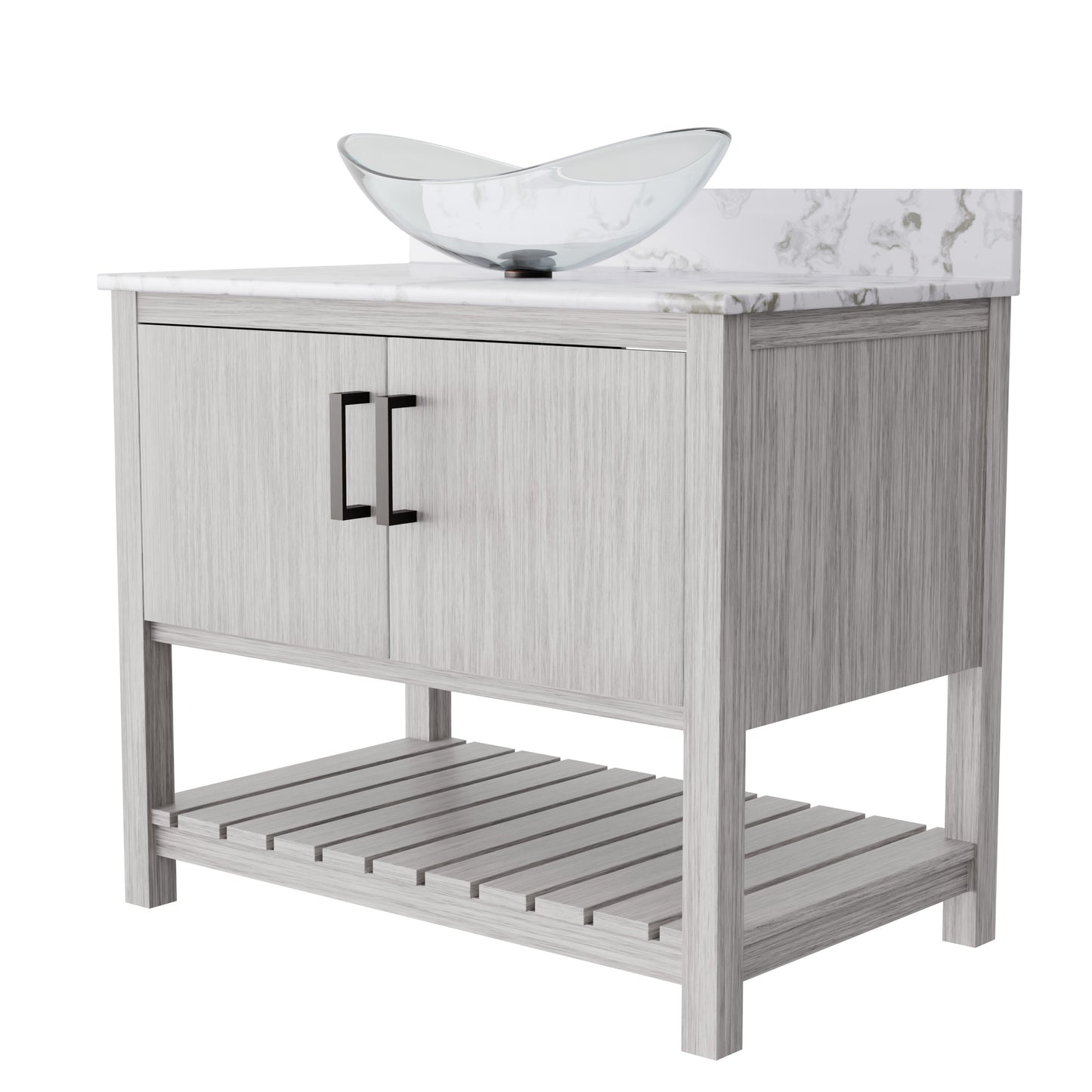 36-inch Novatto bath vanity with cafe mocha quartz counter and sink, featuring modern design and elegant bathroom accessory.