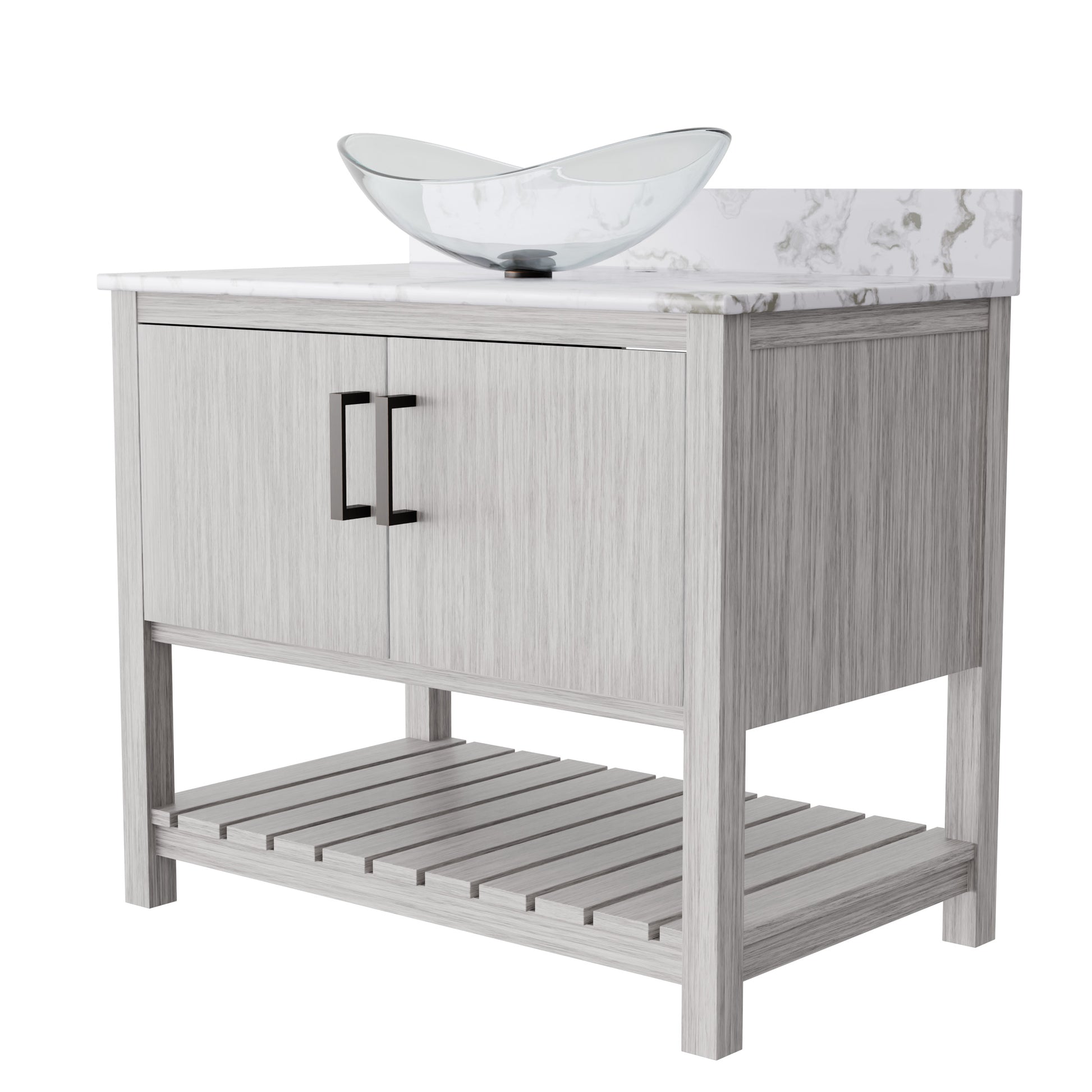 36-inch Novatto bath vanity with cafe mocha quartz counter and sink, featuring modern design and elegant bathroom accessory.