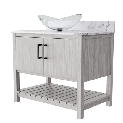 36-inch Novatto bath vanity with cafe mocha quartz counter and sink, featuring modern design and elegant bathroom accessory.