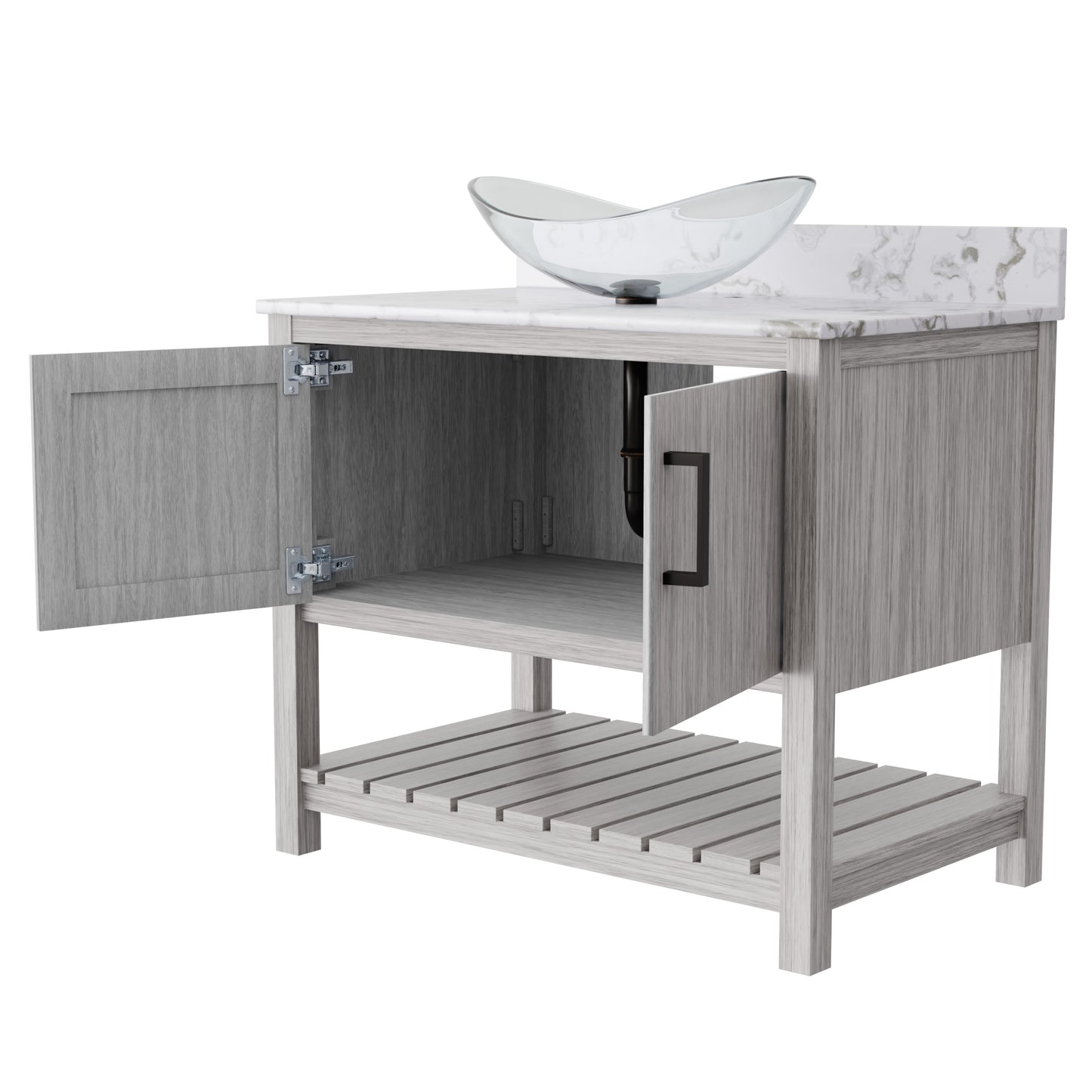 36-inch Novatto bath vanity with cafe mocha quartz countertop and integrated sink, showcasing elegant bathroom accessory design