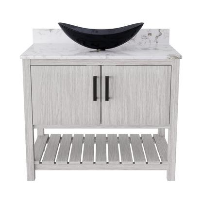 36-inch Novatto bath vanity with cafe mocha quartz countertop and sink, featuring a sleek, modern bathroom accessory design