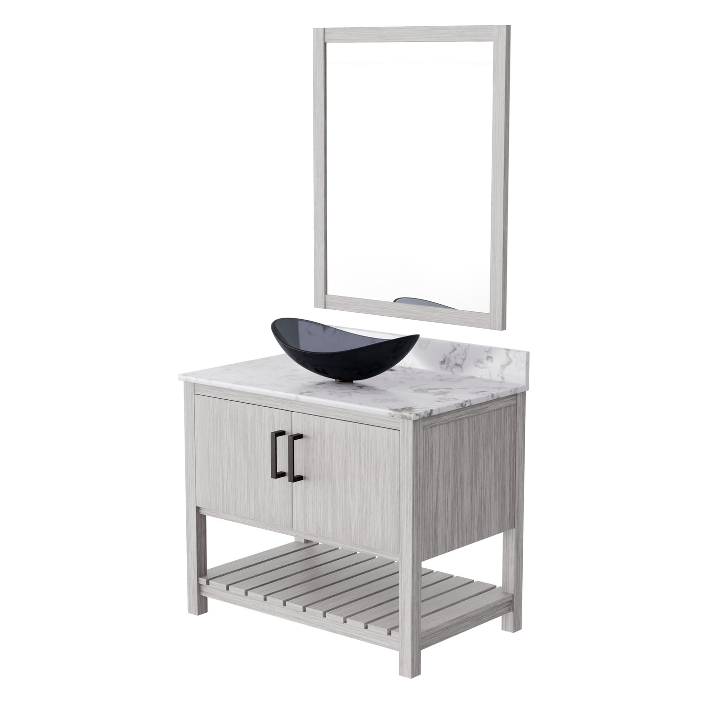 36-inch Novatto bath vanity with cafe mocha quartz countertop and integrated sink, shown in a sleek bathroom setting