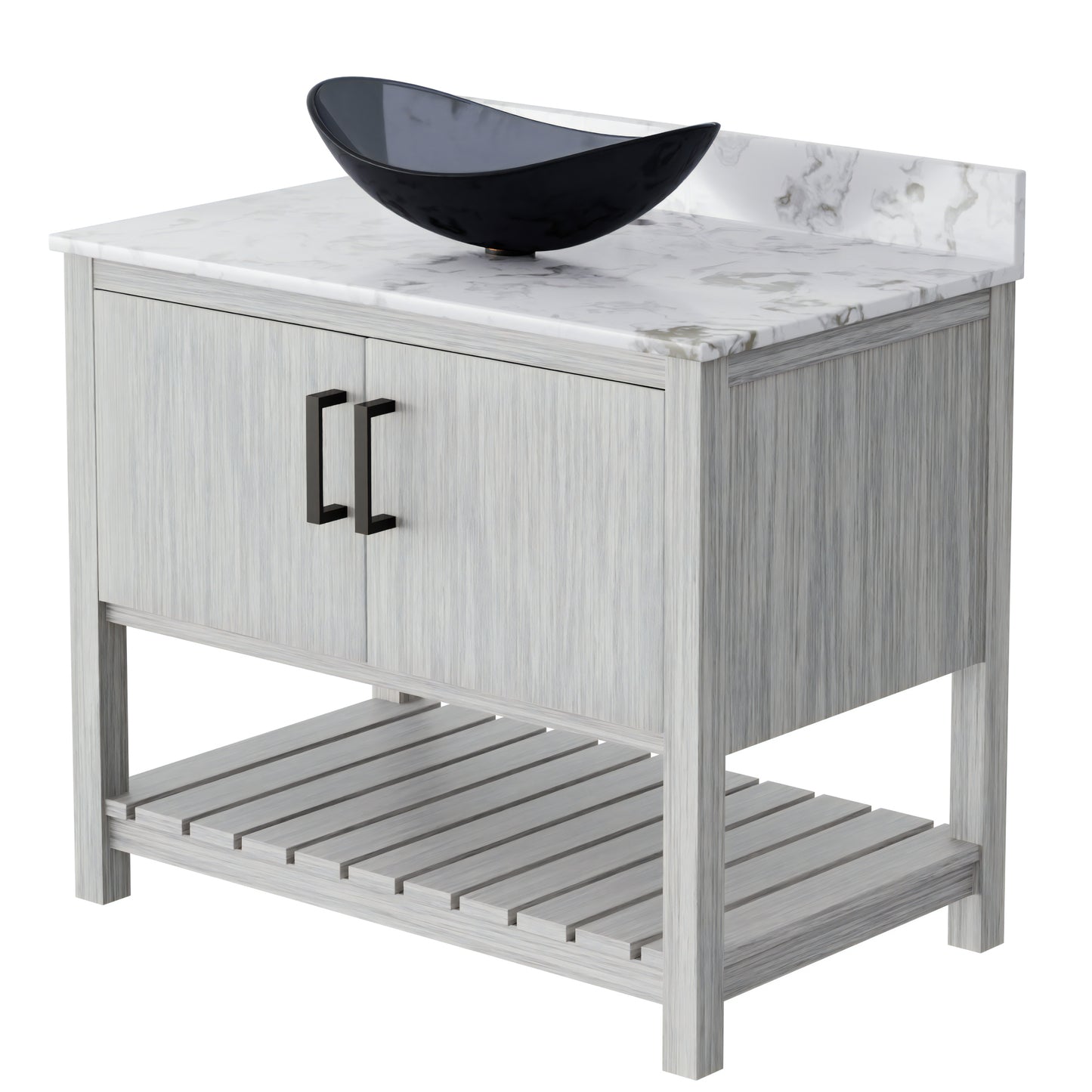 36-inch Novatto bath vanity with cafe mocha quartz countertop and integrated sink, showcasing modern bathroom accessory design.