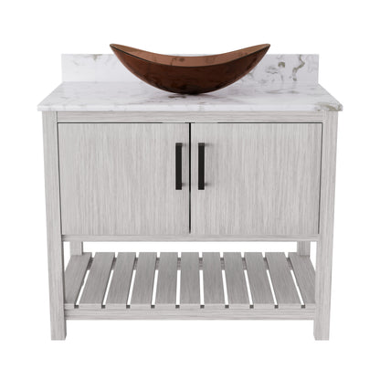 36-inch Novatto bath vanity with cafe mocha quartz countertop and sink, showcasing sleek bathroom accessory design.