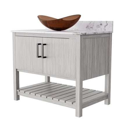 Novatto 36-inch bath vanity with cafe mocha quartz countertop and sink, featuring modern bathroom accessory design.