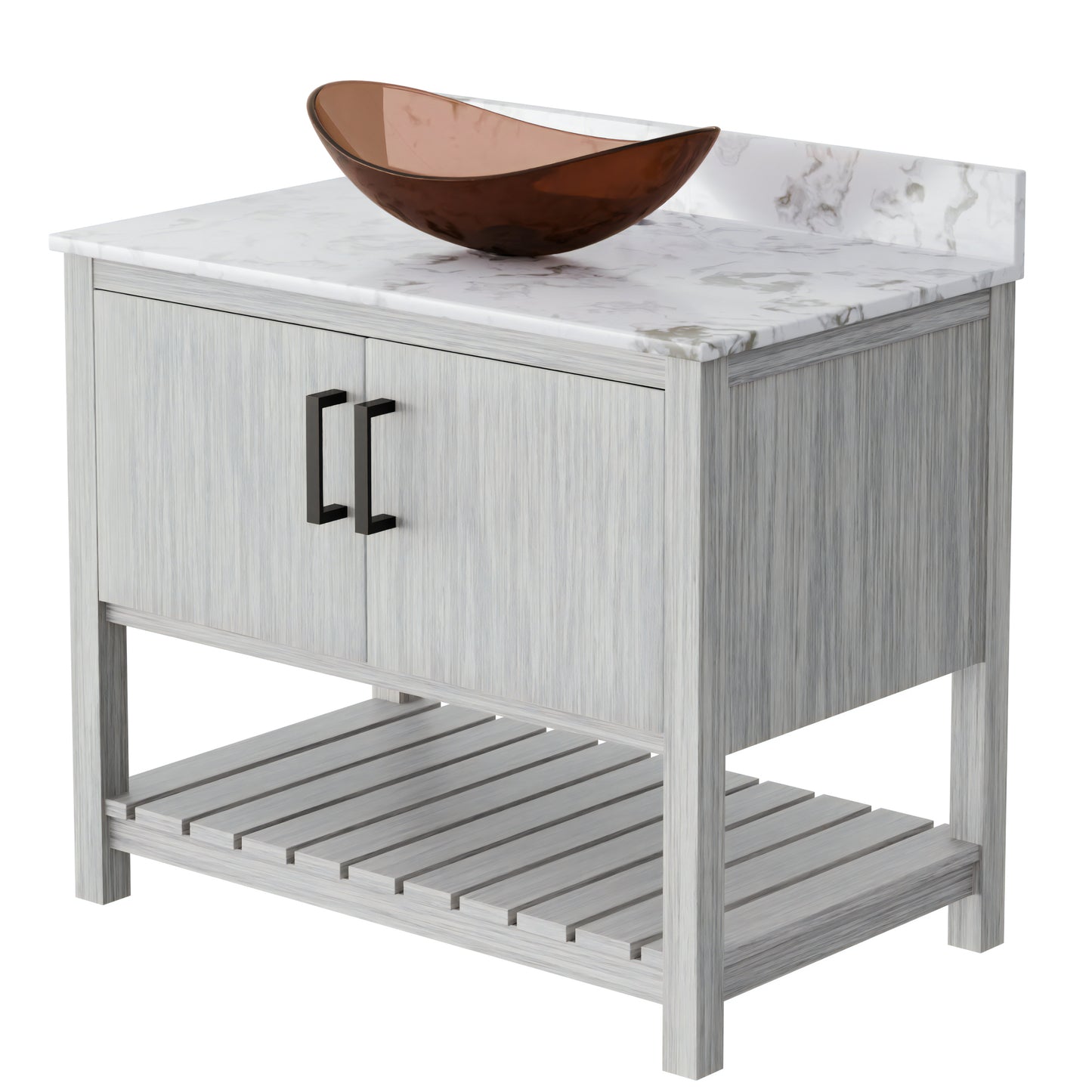 36-inch Novatto bath vanity with cafe mocha quartz countertop and sink, showcasing the elegant bathroom accessory design.