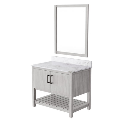 36-inch Novatto vanity with Carrara white marble counter and bronze-finished hardware, modern bathroom accessory.