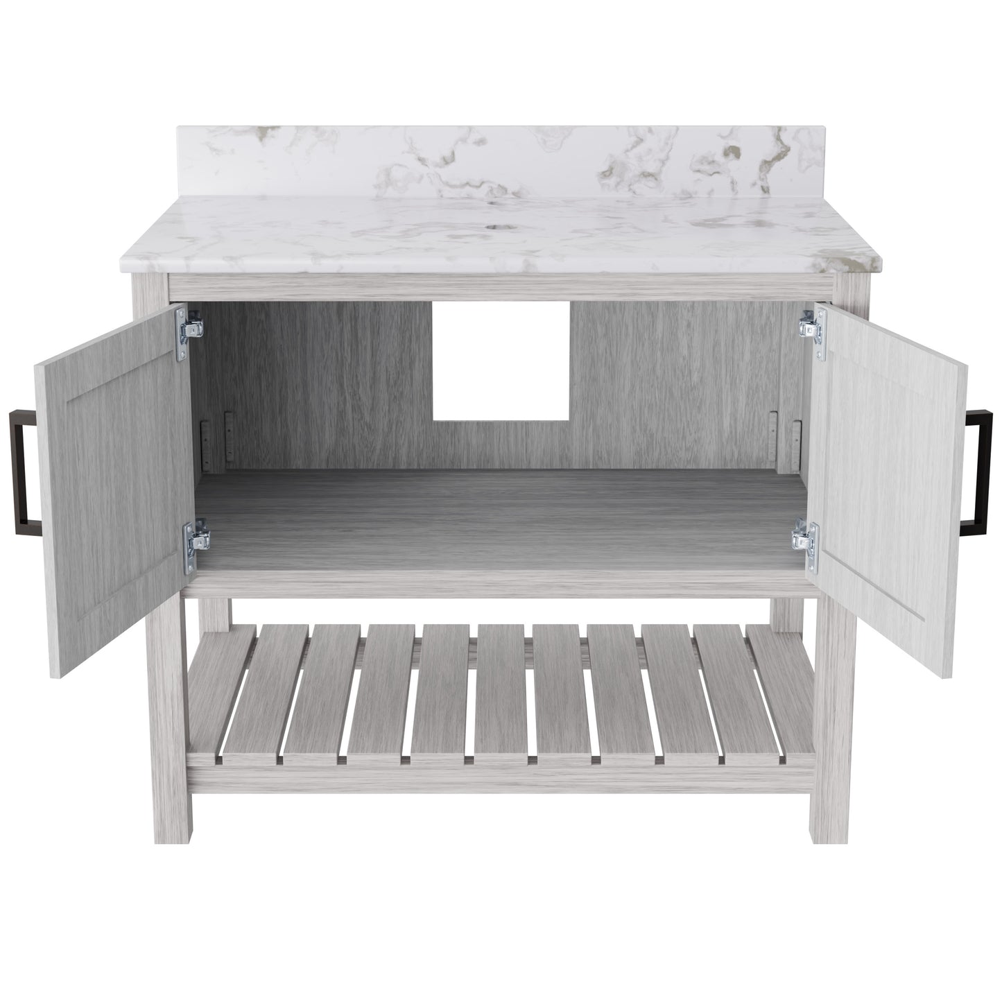 36-inch Novatto vanity with Cafe Mocha quartz countertop, bathroom accessory featuring modern design and natural stone surface