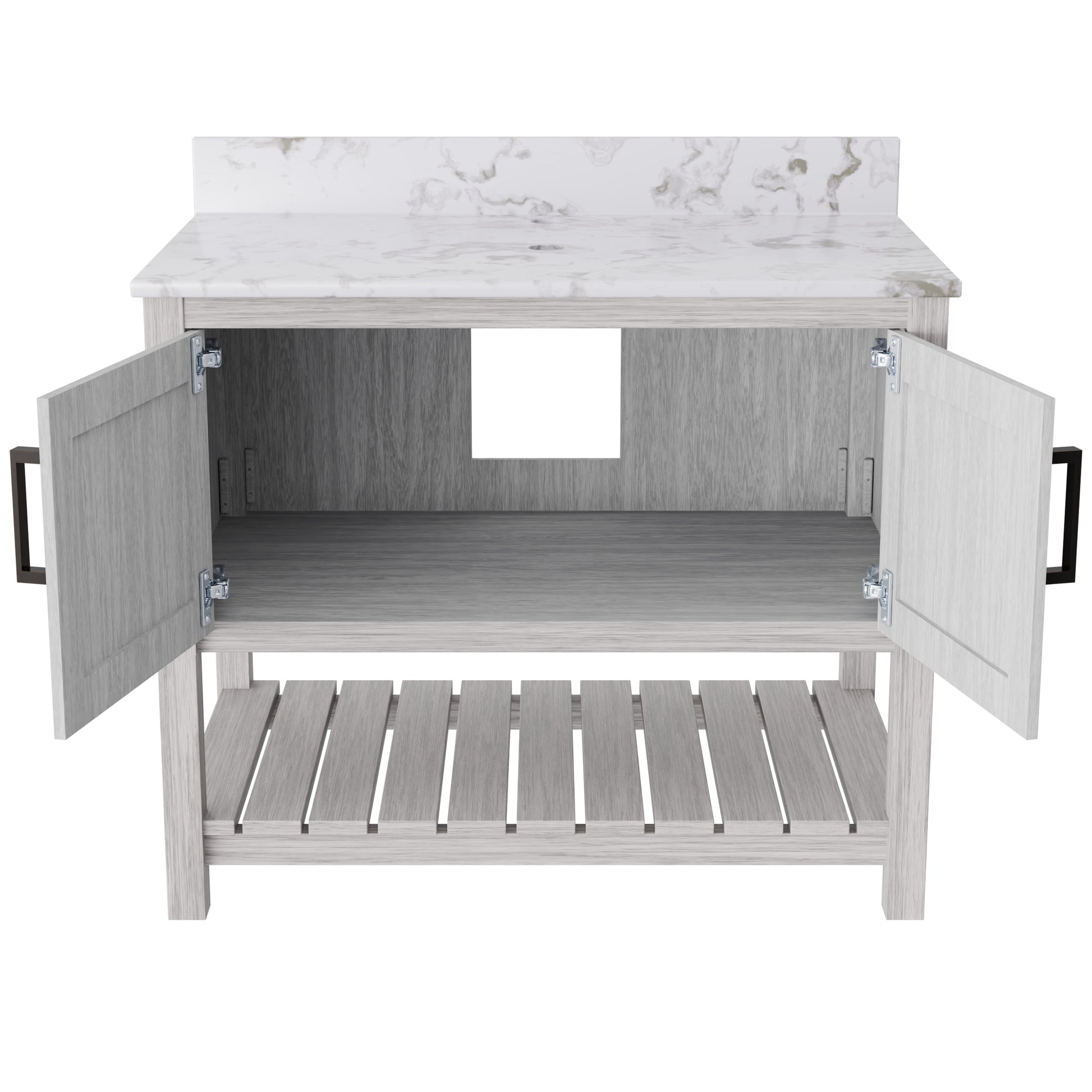36-inch Novatto vanity with Cafe Mocha quartz countertop, bathroom accessory featuring modern design and natural stone surface