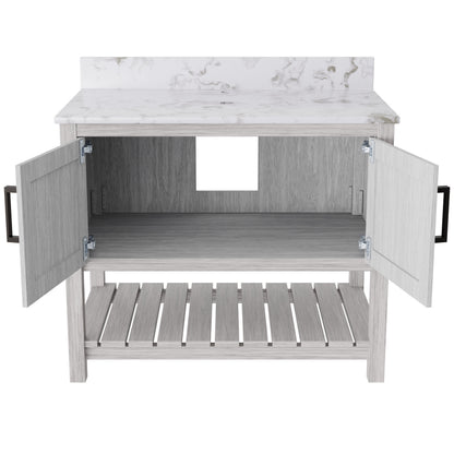 36-inch Novatto vanity with Cafe Mocha quartz countertop, bathroom accessory featuring modern design and natural stone surface