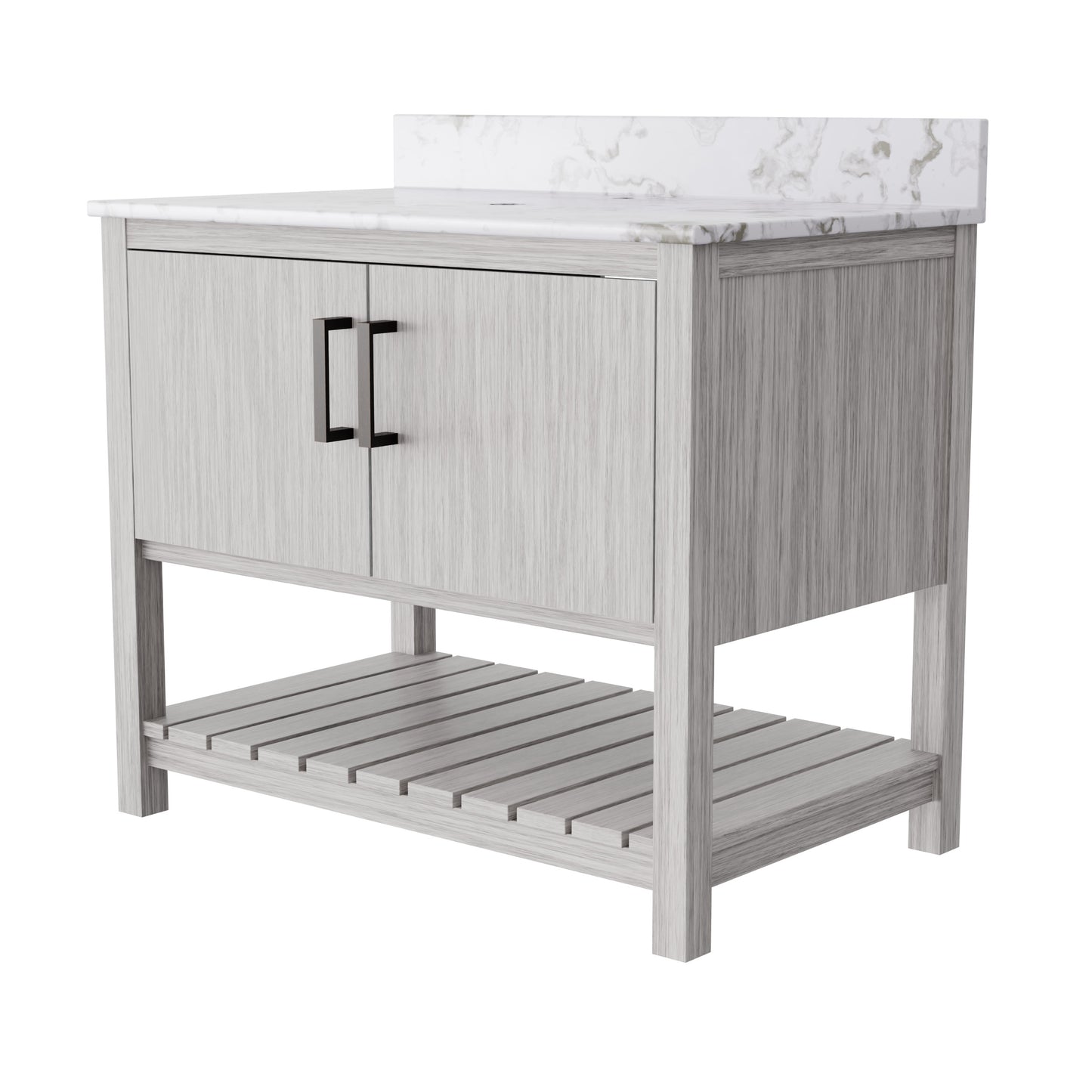 36-inch Novatto vanity with cafe mocha quartz countertop, showcasing sleek design and premium finish in natural light.