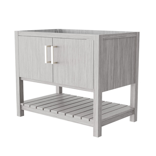 Modern 36-inch Storm Grey bath vanity by Novatto with sleek design and clean lines, shown with accessories in a bathroom setting.
