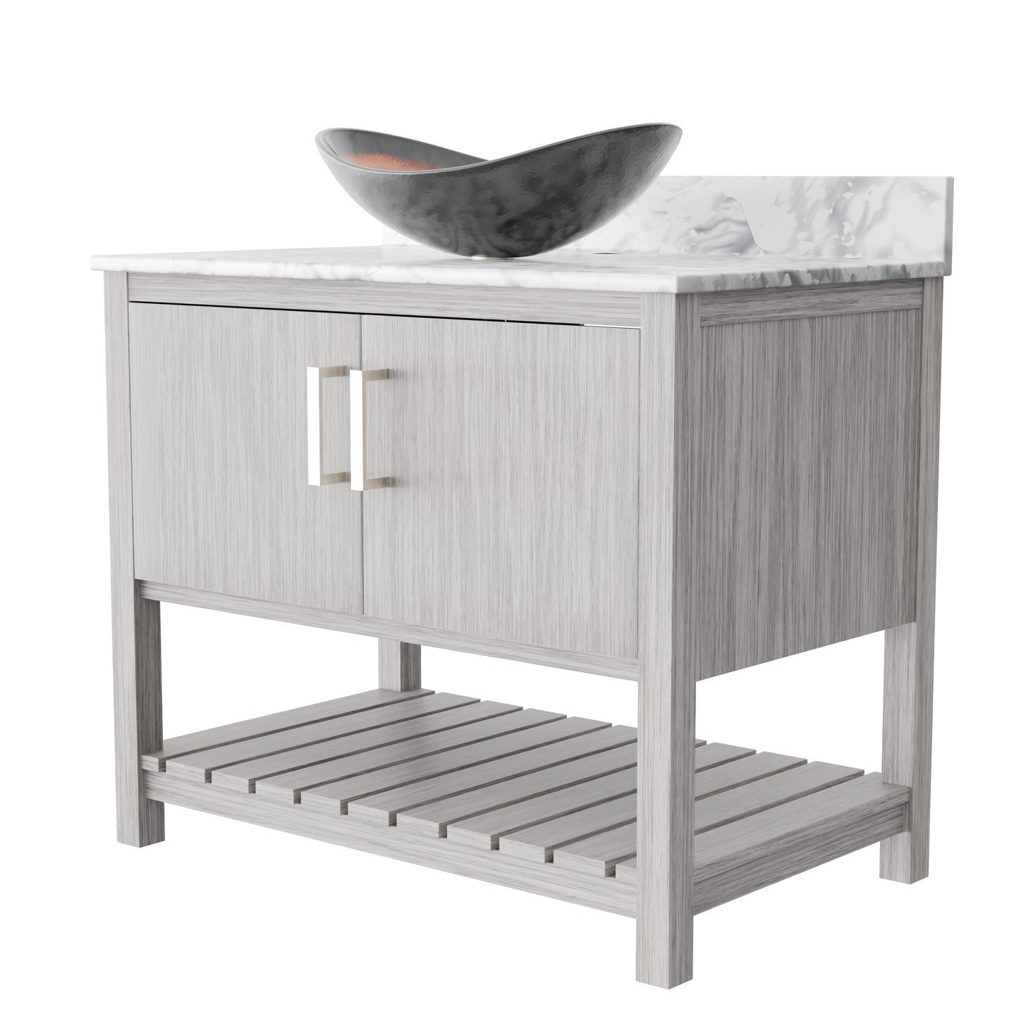Novatto 36-inch bath vanity with Carrara white marble counter and sink, featuring sleek cabinetry and modern design.
