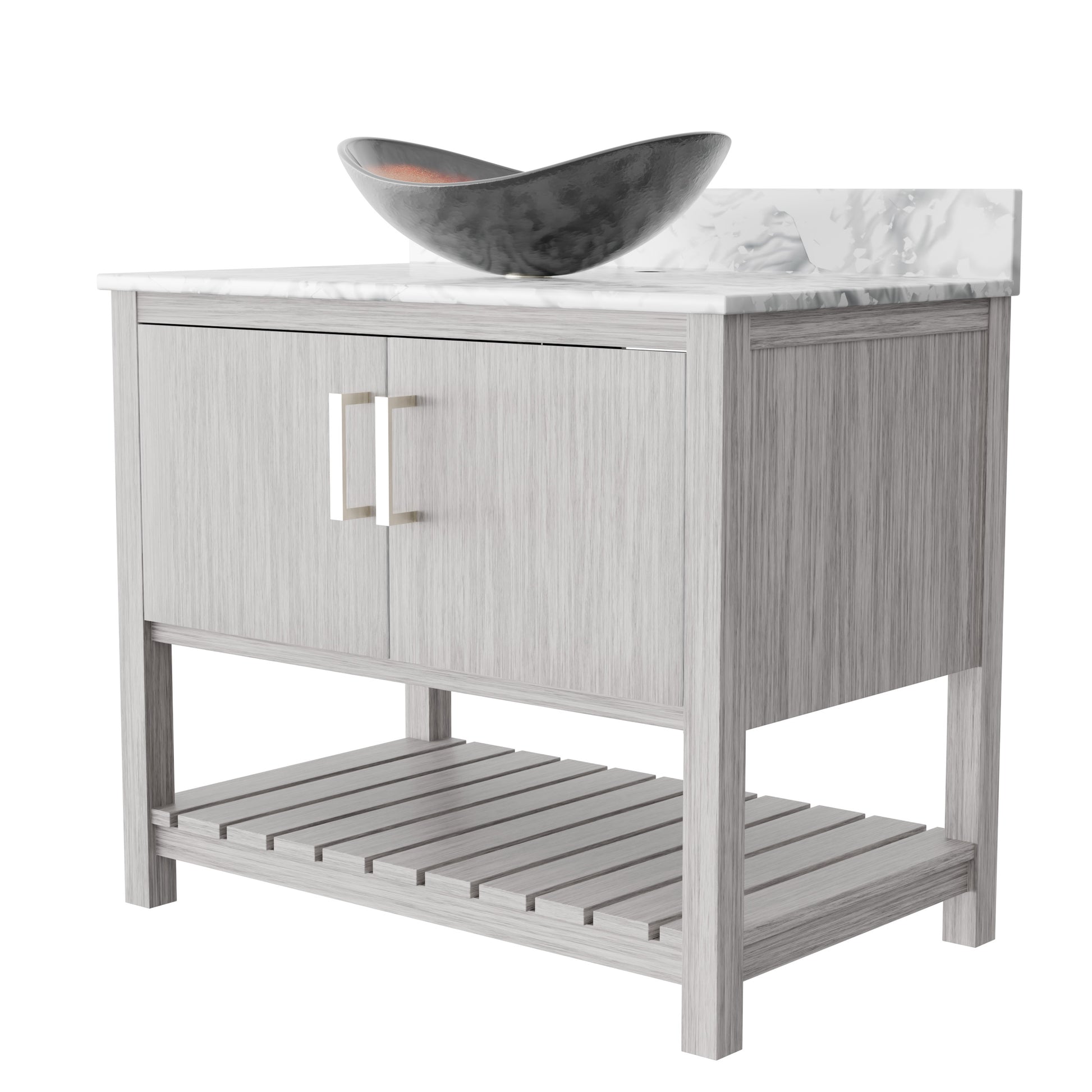 Novatto 36-inch bath vanity with Carrara white marble counter and sink, featuring sleek cabinetry and modern design.